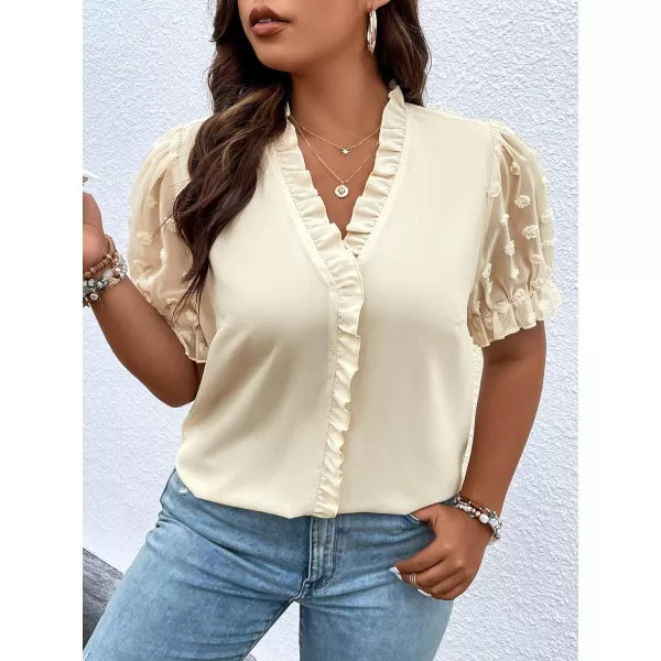 SweatyRocks Women's Short Puff Sleeve V Neck Shirt Swiss Dots Ruffle Trim Casual Blouse Top