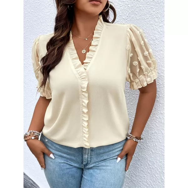 SweatyRocks Women's Short Puff Sleeve V Neck Shirt Swiss Dots Ruffle Trim Casual Blouse Top