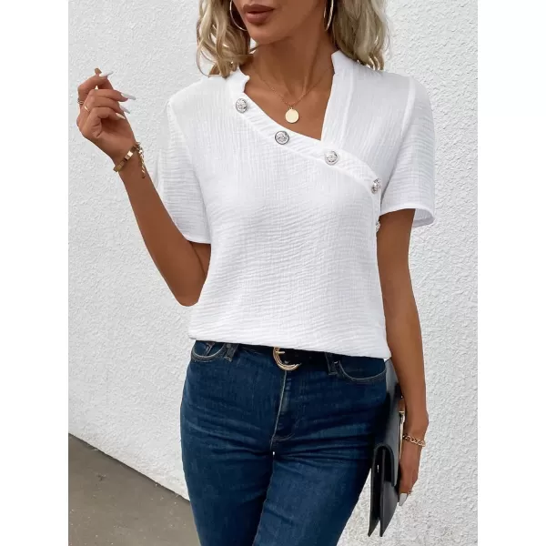 SweatyRocks Women's Short Sleeve Asymmetrical Neck Solid Blouse Button Front Business Work Shirt Tops