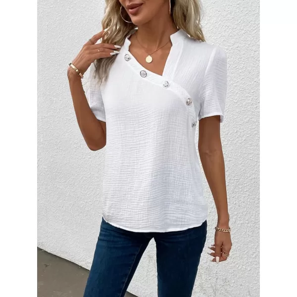 SweatyRocks Women's Short Sleeve Asymmetrical Neck Solid Blouse Button Front Business Work Shirt Tops