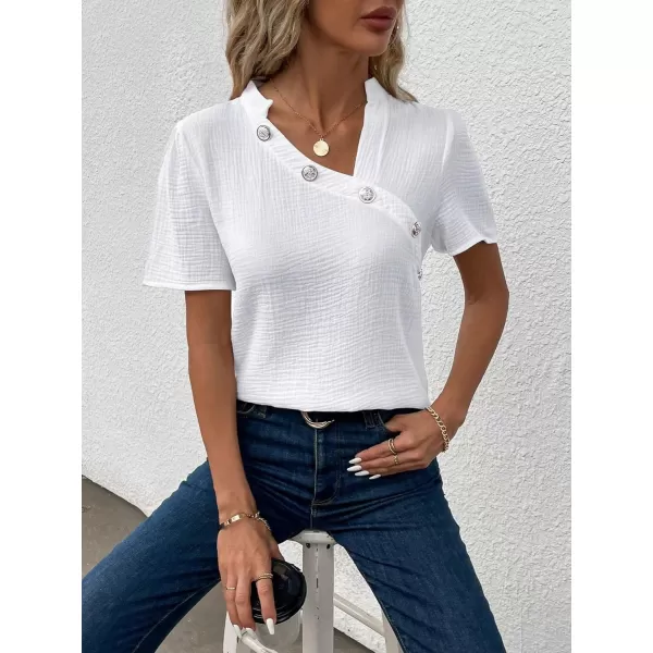 SweatyRocks Women's Short Sleeve Asymmetrical Neck Solid Blouse Button Front Business Work Shirt Tops