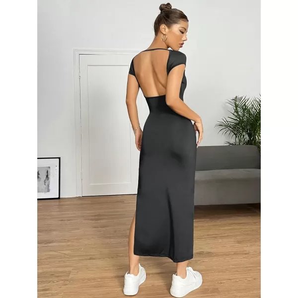 SweatyRocks Women's Short Sleeve Boat Neck Backless Dress Casual Bodycon Split Long Dresses