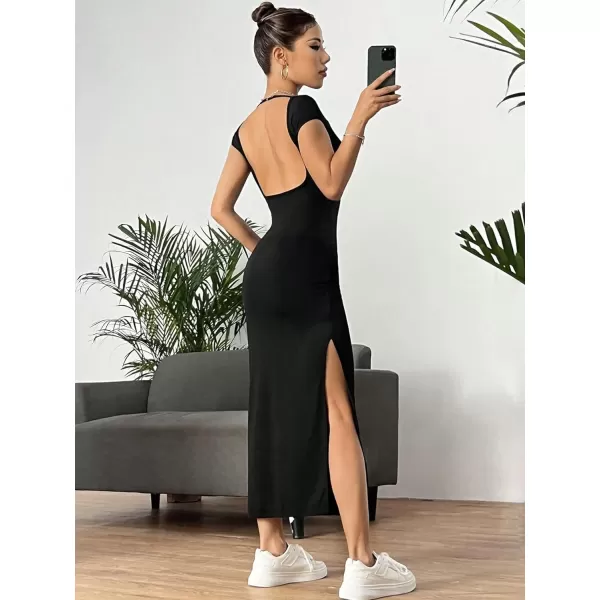 SweatyRocks Women's Short Sleeve Boat Neck Backless Dress Casual Bodycon Split Long Dresses