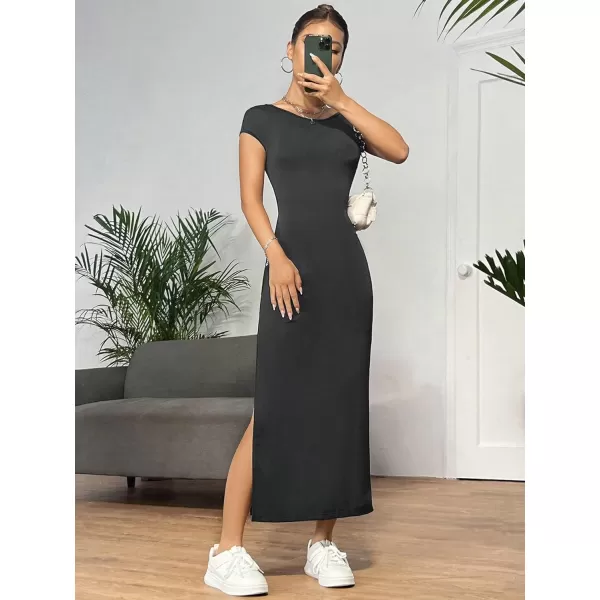 SweatyRocks Women's Short Sleeve Boat Neck Backless Dress Casual Bodycon Split Long Dresses