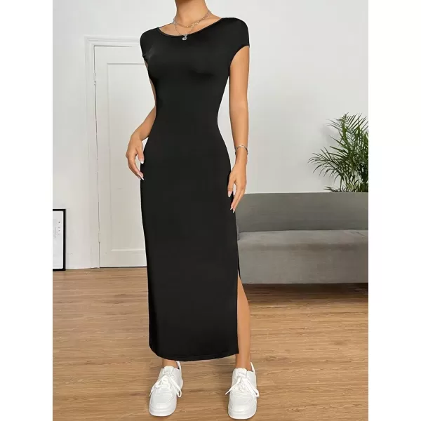 SweatyRocks Women's Short Sleeve Boat Neck Backless Dress Casual Bodycon Split Long Dresses