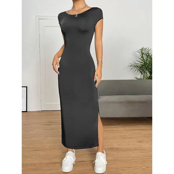 SweatyRocks Women's Short Sleeve Boat Neck Backless Dress Casual Bodycon Split Long Dresses