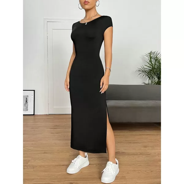 SweatyRocks Women's Short Sleeve Boat Neck Backless Dress Casual Bodycon Split Long Dresses