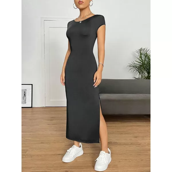 SweatyRocks Women's Short Sleeve Boat Neck Backless Dress Casual Bodycon Split Long Dresses