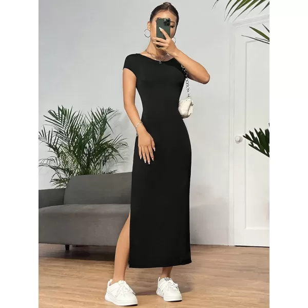 SweatyRocks Women's Short Sleeve Boat Neck Backless Dress Casual Bodycon Split Long Dresses