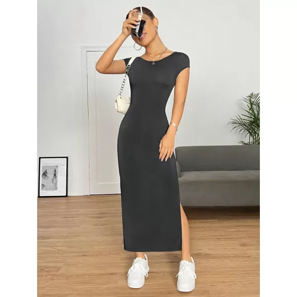 SweatyRocks Women's Short Sleeve Boat Neck Backless Dress Casual Bodycon Split Long Dresses