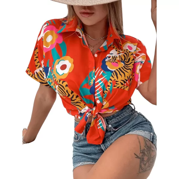 SweatyRocks Women's Short Sleeve Cute Print Button Down Shirt Tops