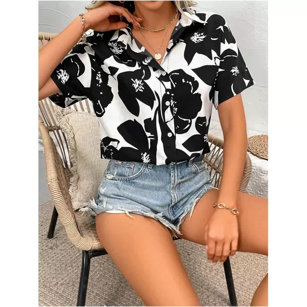 SweatyRocks Women's Short Sleeve Cute Print Button Down Shirt Tops