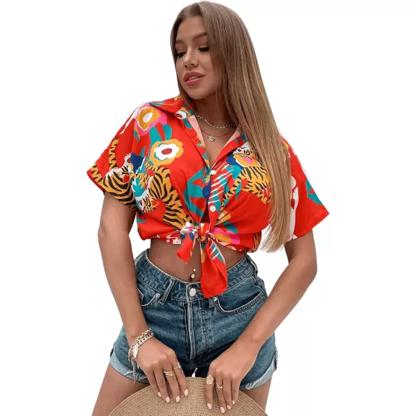 SweatyRocks Women's Short Sleeve Cute Print Button Down Shirt Tops