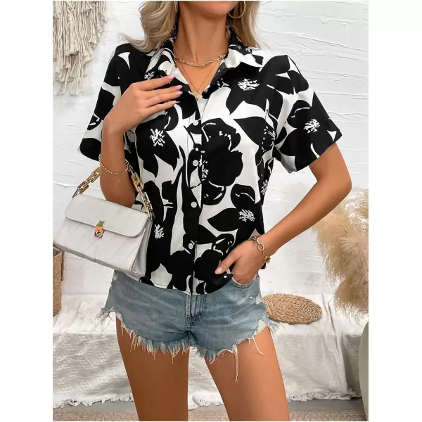 SweatyRocks Women's Short Sleeve Cute Print Button Down Shirt Tops