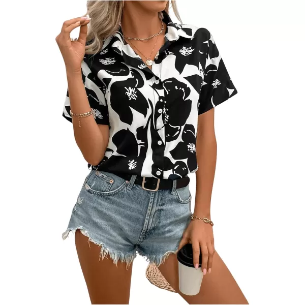 SweatyRocks Women's Short Sleeve Cute Print Button Down Shirt Tops