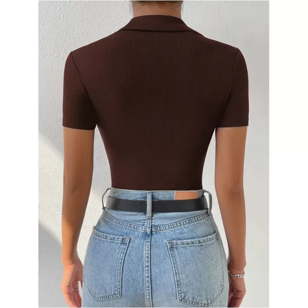 SweatyRocks Women's Short Sleeve Half Button Collared Ribbed Knit Slim Fit Bodysuit Tee Top