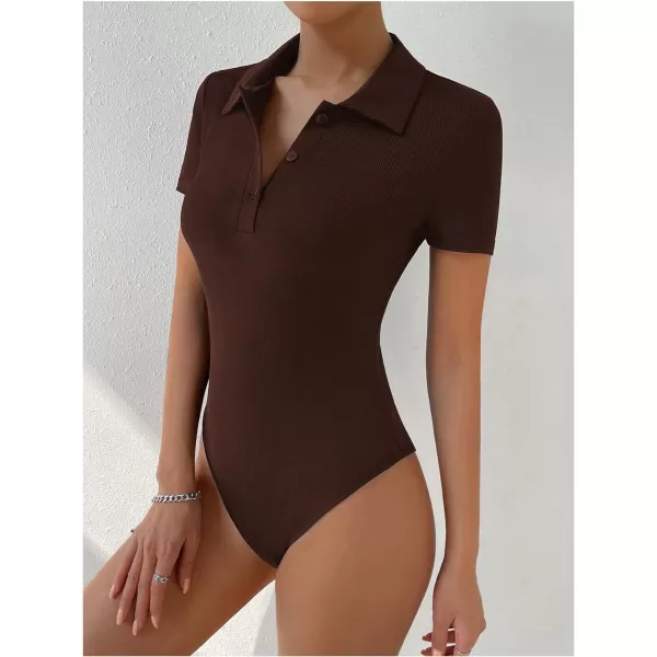 SweatyRocks Women's Short Sleeve Half Button Collared Ribbed Knit Slim Fit Bodysuit Tee Top