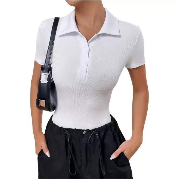 SweatyRocks Women's Short Sleeve Half Button Collared Ribbed Knit Slim Fit Bodysuit Tee Top