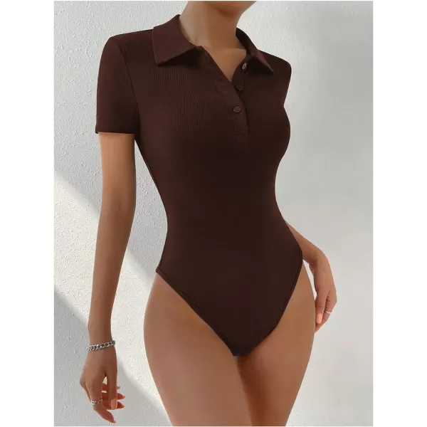 SweatyRocks Women's Short Sleeve Half Button Collared Ribbed Knit Slim Fit Bodysuit Tee Top