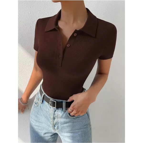 SweatyRocks Women's Short Sleeve Half Button Collared Ribbed Knit Slim Fit Bodysuit Tee Top