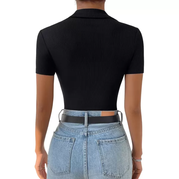 SweatyRocks Women's Short Sleeve Half Button Collared Ribbed Knit Slim Fit Bodysuit Tee Top