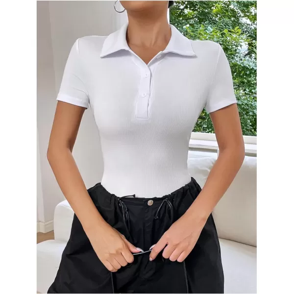 SweatyRocks Women's Short Sleeve Half Button Collared Ribbed Knit Slim Fit Bodysuit Tee Top