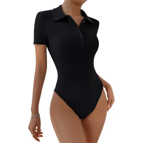 SweatyRocks Women's Short Sleeve Half Button Collared Ribbed Knit Slim Fit Bodysuit Tee Top