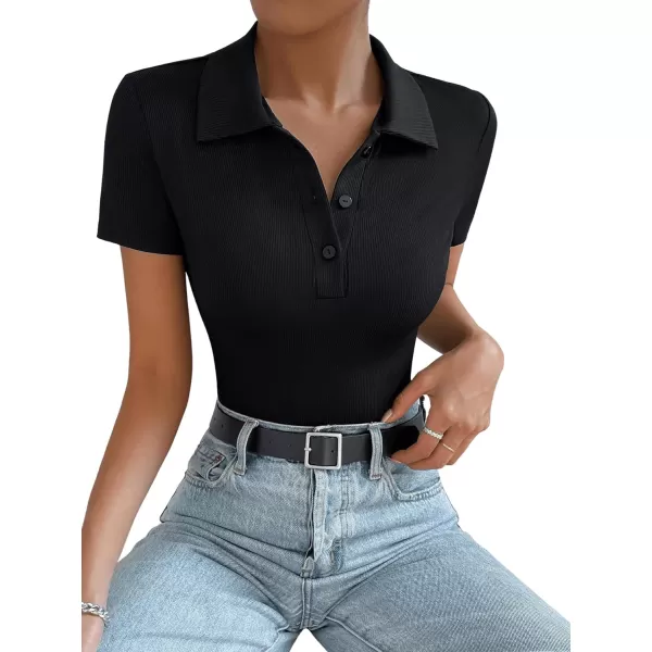 SweatyRocks Women's Short Sleeve Half Button Collared Ribbed Knit Slim Fit Bodysuit Tee Top