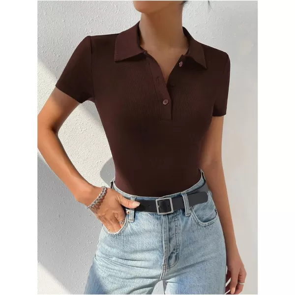 SweatyRocks Women's Short Sleeve Half Button Collared Ribbed Knit Slim Fit Bodysuit Tee Top