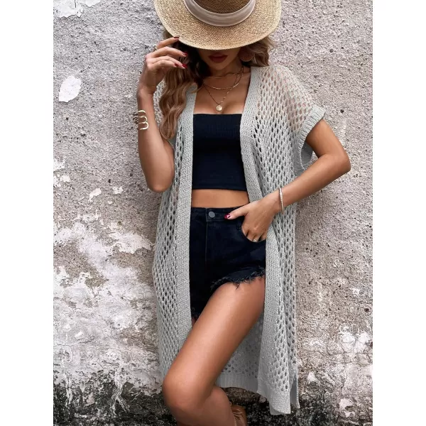 SweatyRocks Women's Short Sleeve Open Front Long Cardigan Hollow Out Knit Loose Sweater Coat