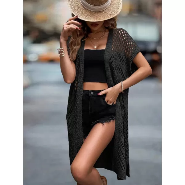 SweatyRocks Women's Short Sleeve Open Front Long Cardigan Hollow Out Knit Loose Sweater Coat