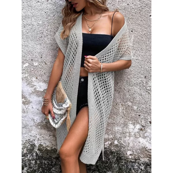 SweatyRocks Women's Short Sleeve Open Front Long Cardigan Hollow Out Knit Loose Sweater Coat