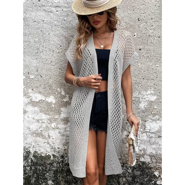 SweatyRocks Women's Short Sleeve Open Front Long Cardigan Hollow Out Knit Loose Sweater Coat