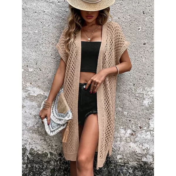 SweatyRocks Women's Short Sleeve Open Front Long Cardigan Hollow Out Knit Loose Sweater Coat