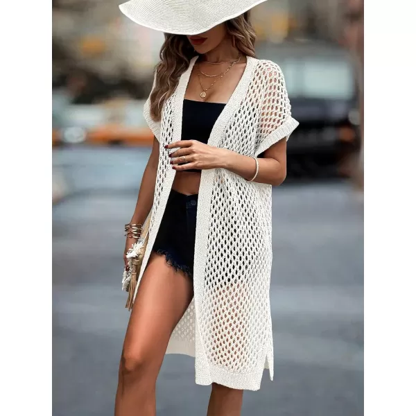SweatyRocks Women's Short Sleeve Open Front Long Cardigan Hollow Out Knit Loose Sweater Coat