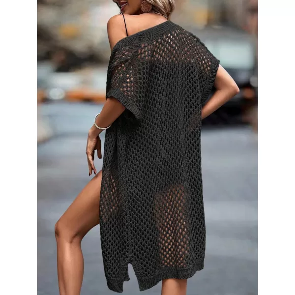 SweatyRocks Women's Short Sleeve Open Front Long Cardigan Hollow Out Knit Loose Sweater Coat