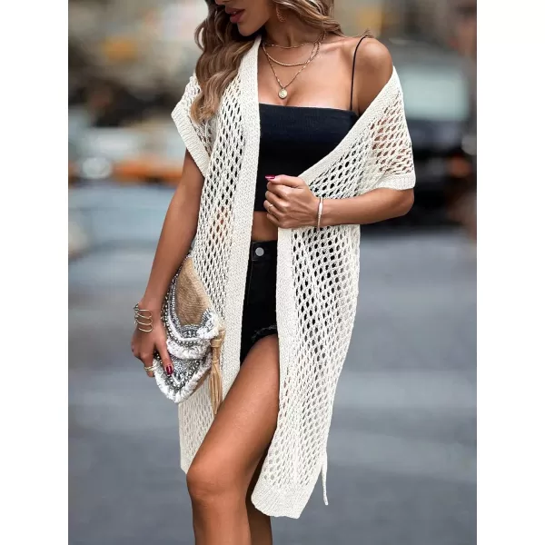 SweatyRocks Women's Short Sleeve Open Front Long Cardigan Hollow Out Knit Loose Sweater Coat
