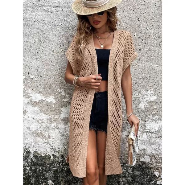 SweatyRocks Women's Short Sleeve Open Front Long Cardigan Hollow Out Knit Loose Sweater Coat