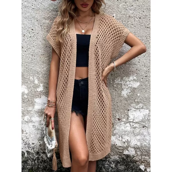 SweatyRocks Women's Short Sleeve Open Front Long Cardigan Hollow Out Knit Loose Sweater Coat