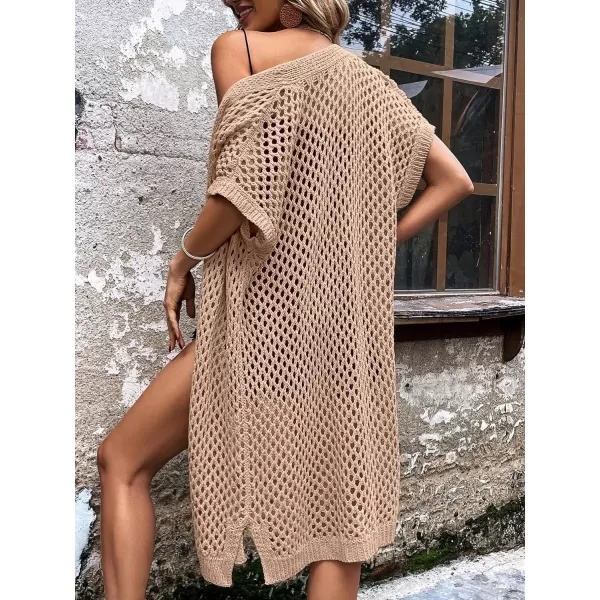 SweatyRocks Women's Short Sleeve Open Front Long Cardigan Hollow Out Knit Loose Sweater Coat