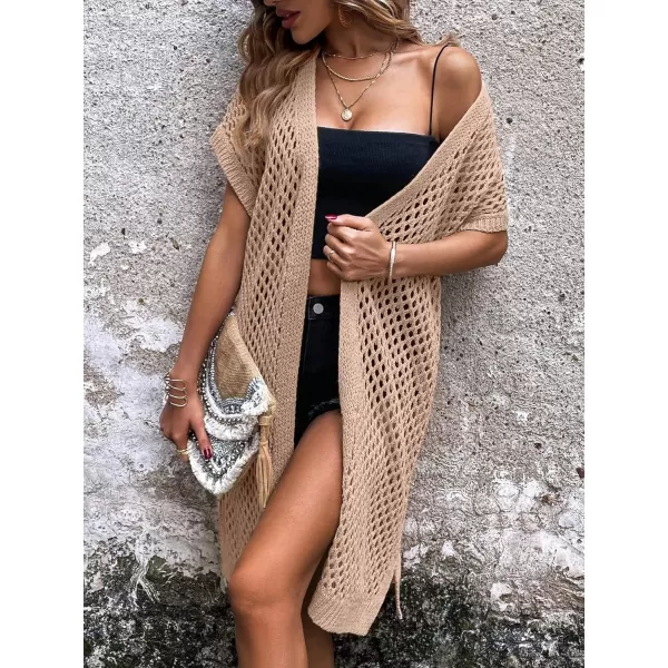 SweatyRocks Women's Short Sleeve Open Front Long Cardigan Hollow Out Knit Loose Sweater Coat