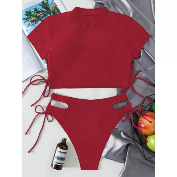 SweatyRocks Women's Short Sleeve Rash Guard Swimsuit Cut Out Tie Side 2 Piece Bathing Suit