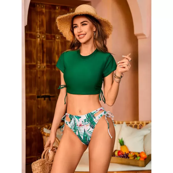 SweatyRocks Women's Short Sleeve Rash Guard Swimsuit Cut Out Tie Side 2 Piece Bathing Suit