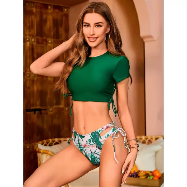SweatyRocks Women's Short Sleeve Rash Guard Swimsuit Cut Out Tie Side 2 Piece Bathing Suit