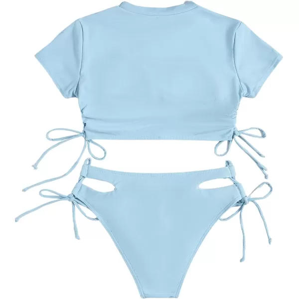 SweatyRocks Women's Short Sleeve Rash Guard Swimsuit Cut Out Tie Side 2 Piece Bathing Suit