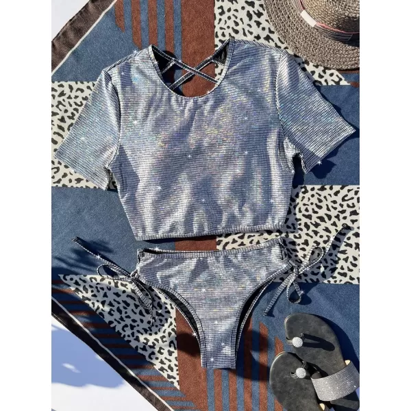SweatyRocks Women's Short Sleeve Rash Guard Swimsuit Cut Out Tie Side 2 Piece Bathing Suit