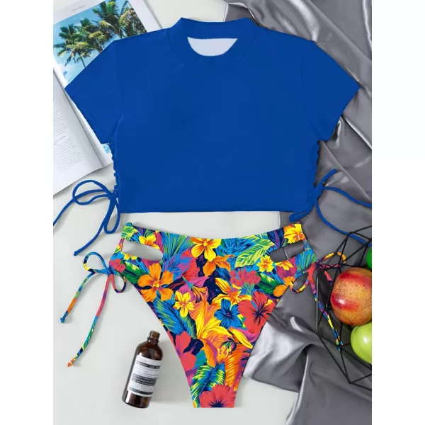 SweatyRocks Women's Short Sleeve Rash Guard Swimsuit Cut Out Tie Side 2 Piece Bathing Suit