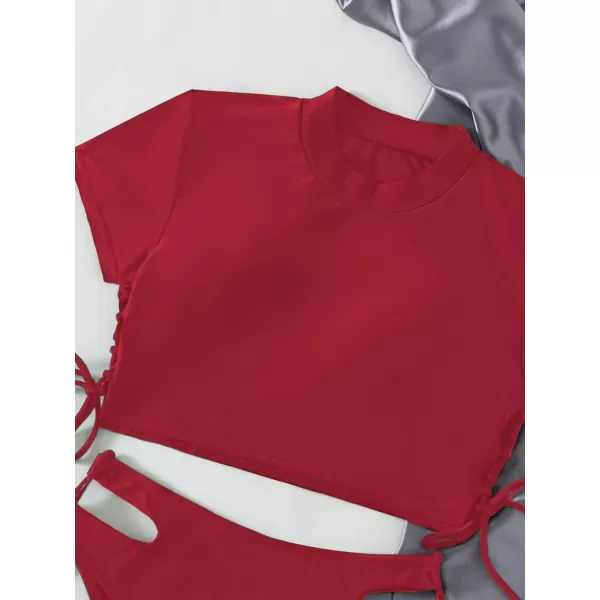 SweatyRocks Women's Short Sleeve Rash Guard Swimsuit Cut Out Tie Side 2 Piece Bathing Suit