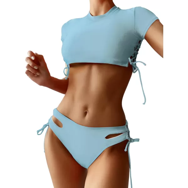 SweatyRocks Women's Short Sleeve Rash Guard Swimsuit Cut Out Tie Side 2 Piece Bathing Suit