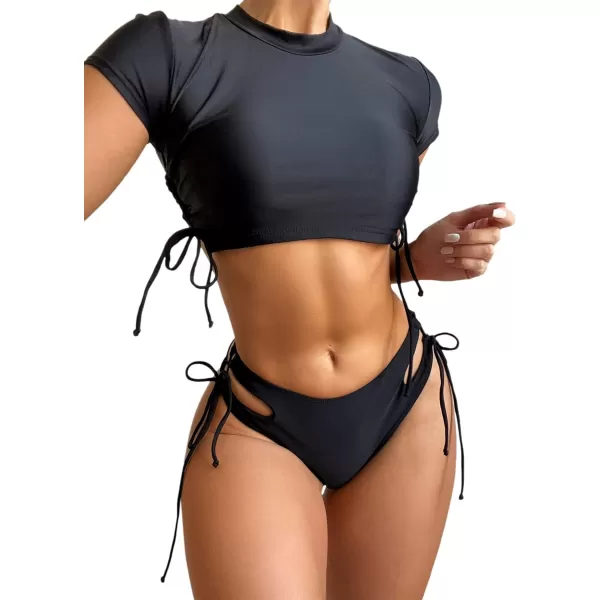 SweatyRocks Women's Short Sleeve Rash Guard Swimsuit Cut Out Tie Side 2 Piece Bathing Suit